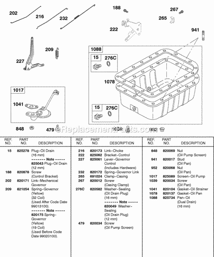 Control Bracket Springs Oil Pan Oil Pump Screen Diagram and Parts List for 430447-0105-01  Briggs and Stratton Engine